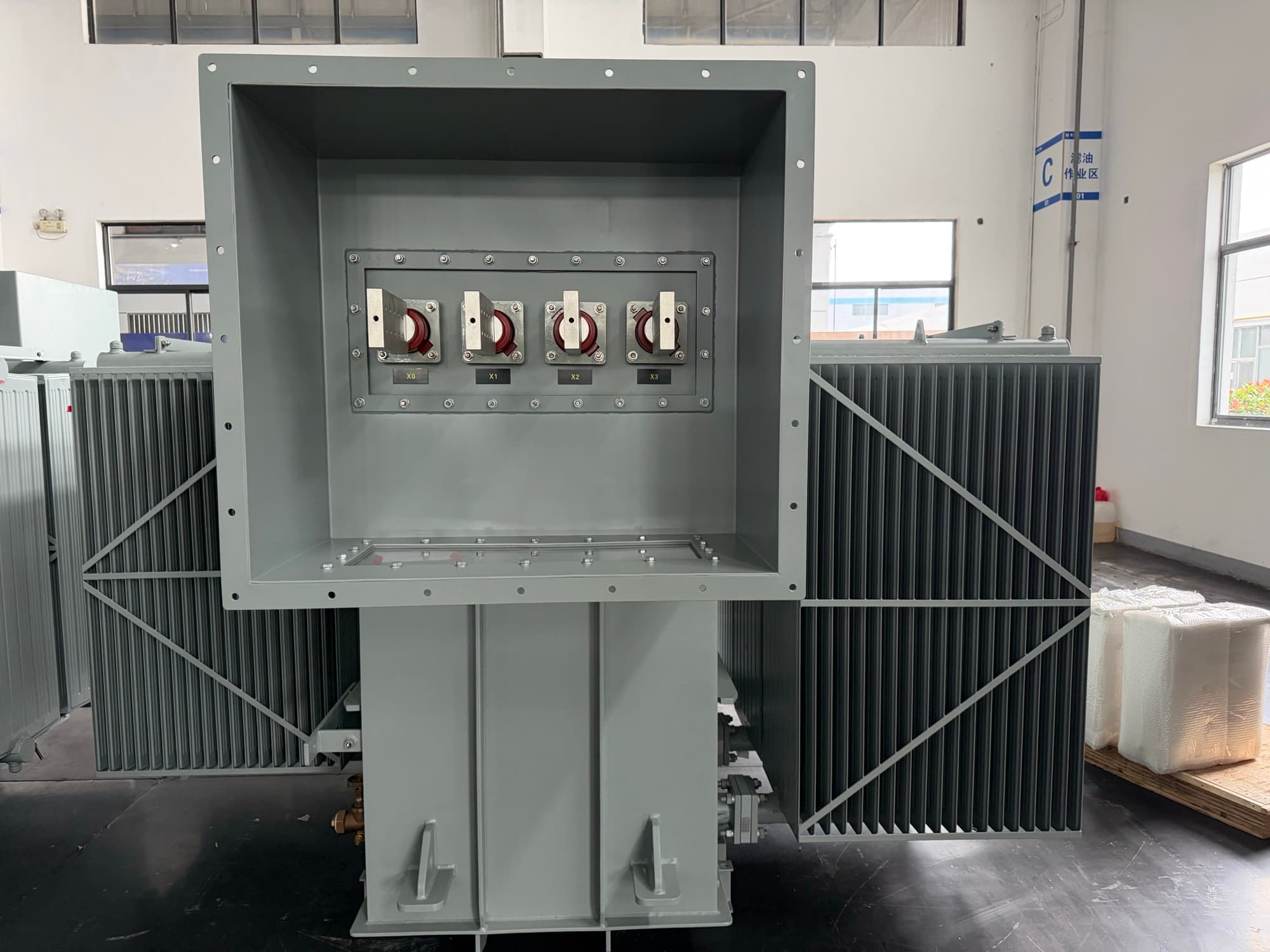 Gauge and control detail on a liquid-filled transformer
